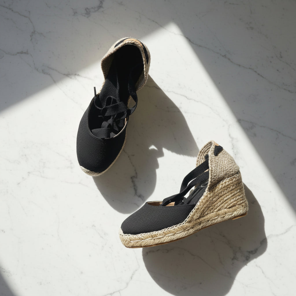 A pair of wedge espadrille-style shoes with black uppers and natural jute-wrapped wedge heels, photographed on a white marble surface with strong diagonal sunlight and shadows.