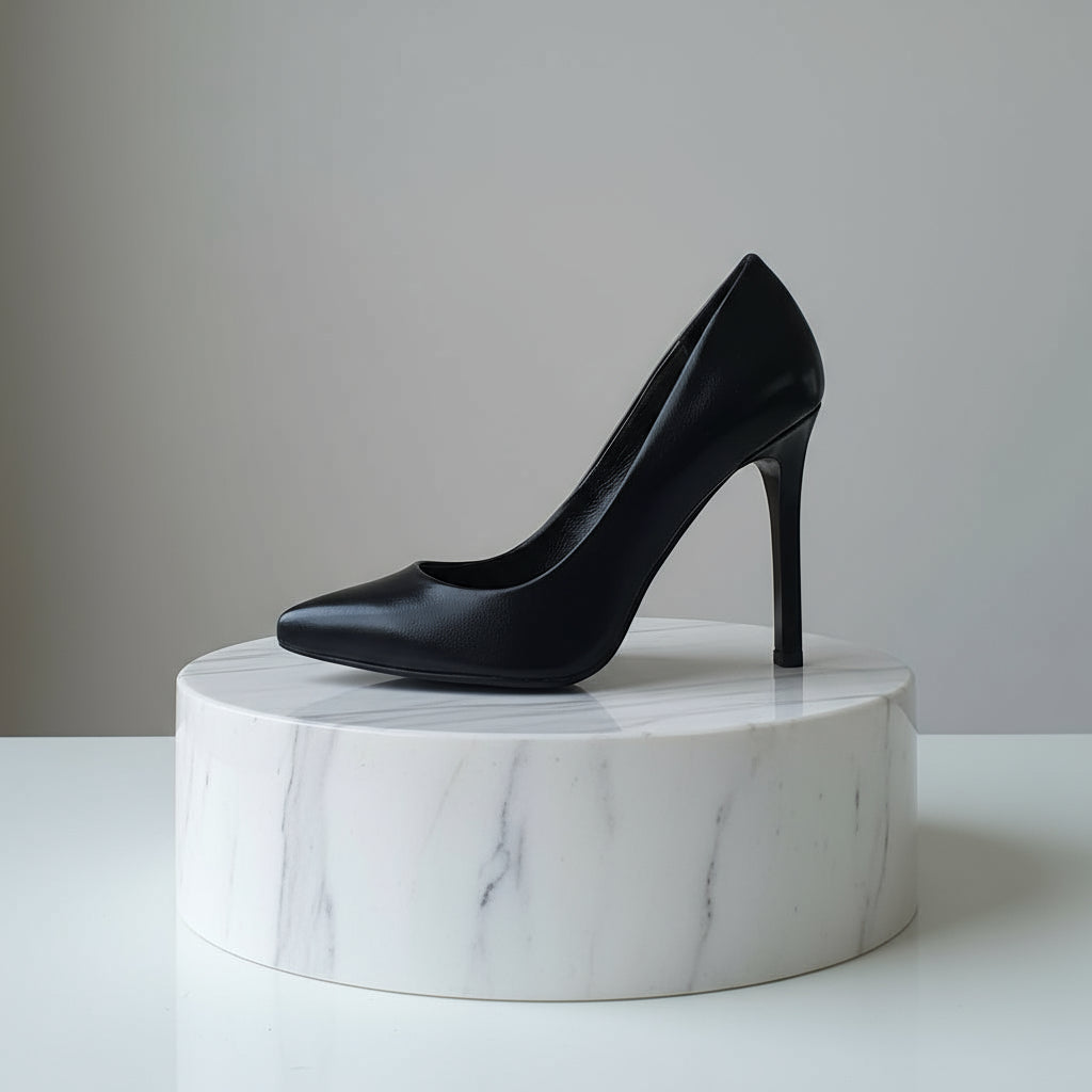 Profile view of FELICIA black leather heels featuring 9cm stiletto and pointed toe
