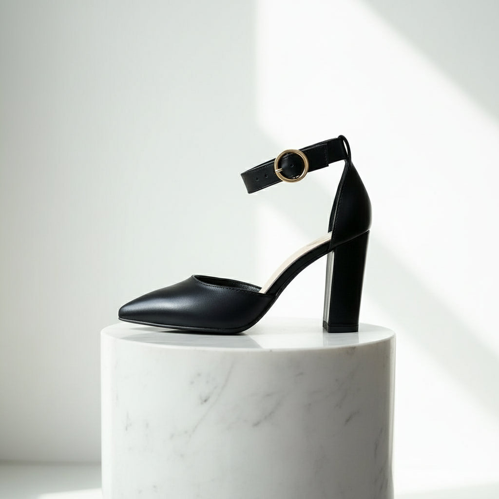 Black high-heeled shoes with ankle straps on a marble surface