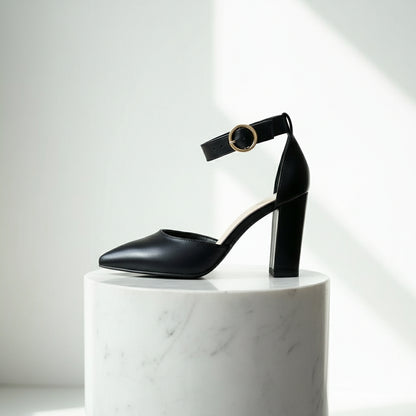 Black high-heeled shoes with ankle straps on a marble surface