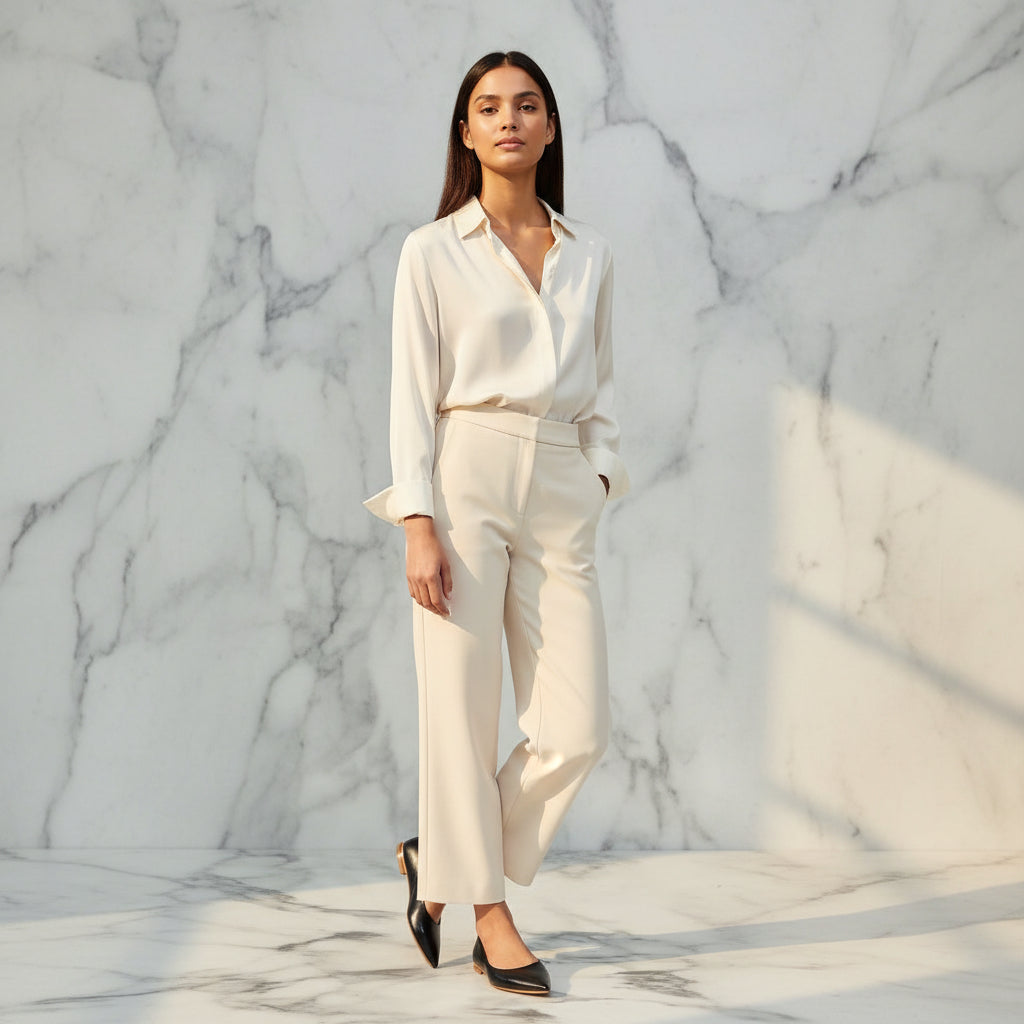Woman in a white outfit standing against a marble wall wearing black leather pumps. 