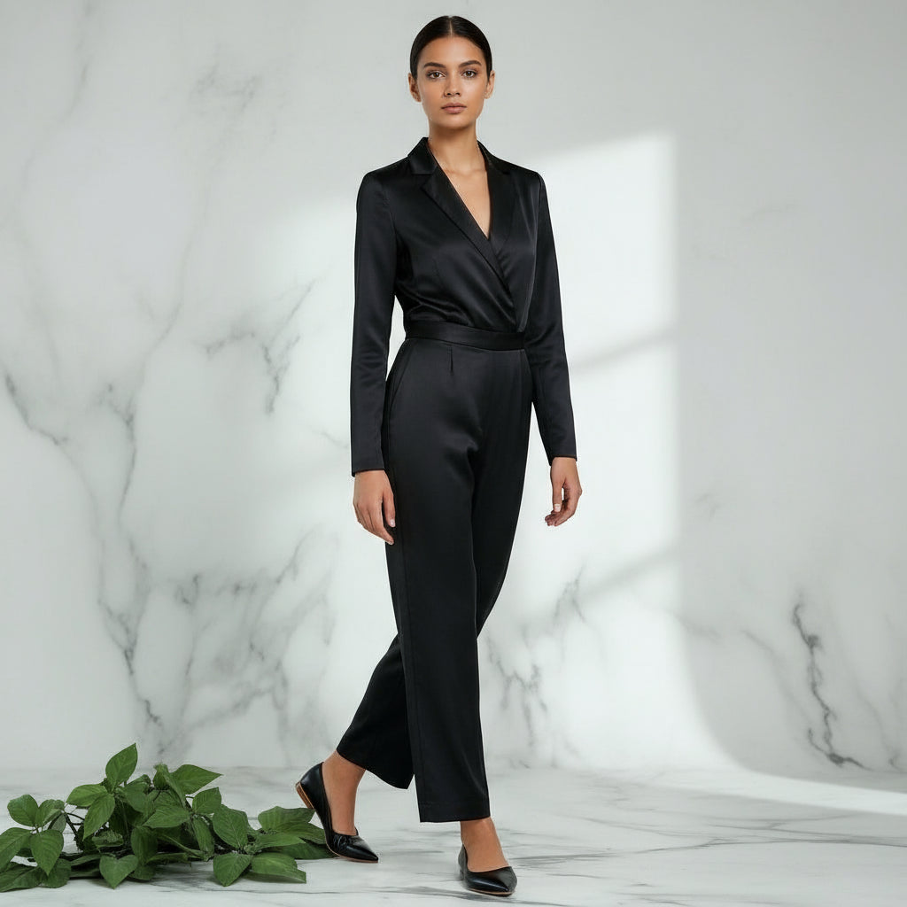 Close-up of feet wearing black leather petite pointed-toe flats on marble floor with green leaves