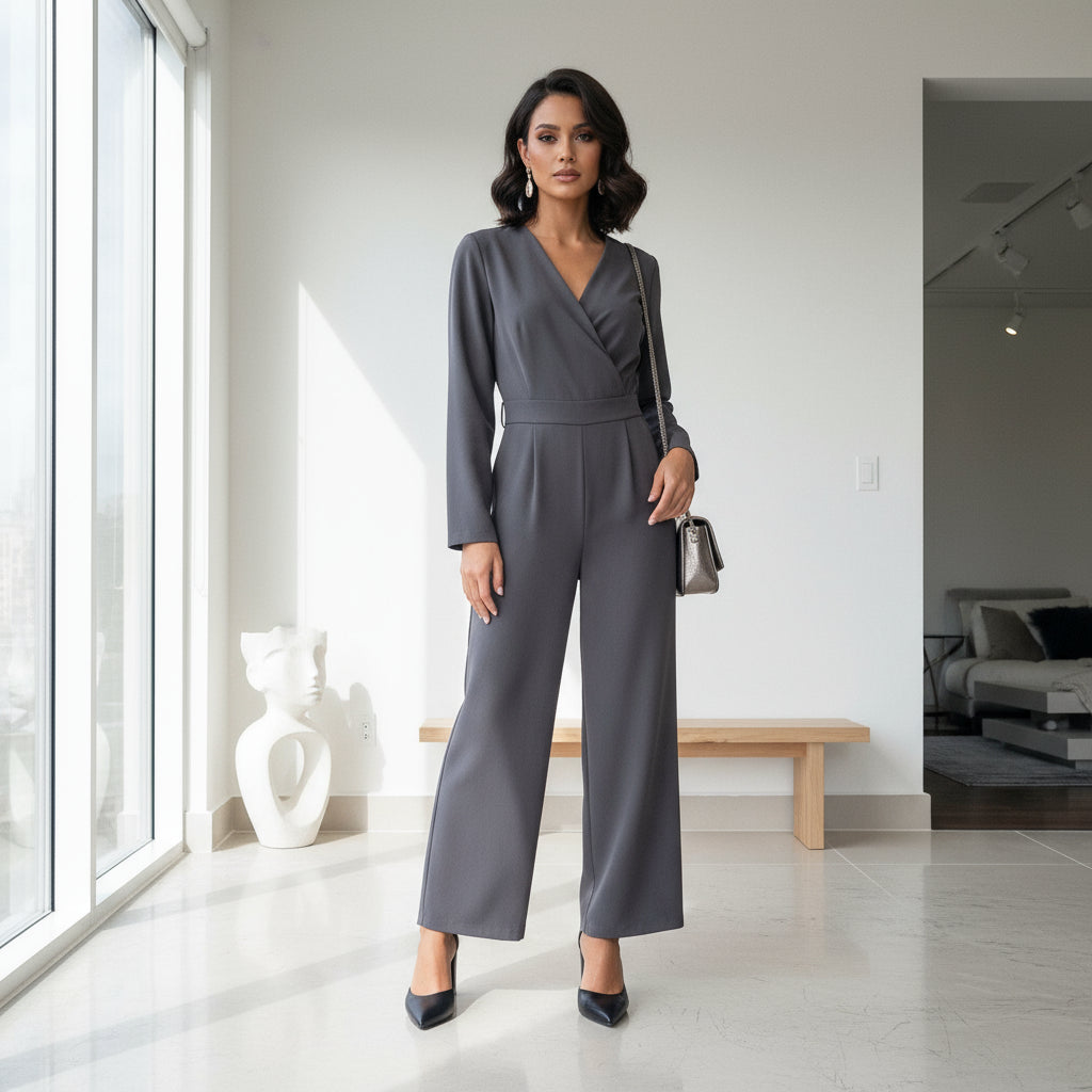 Woman in a gray jumpsuit standing in a modern interior setting