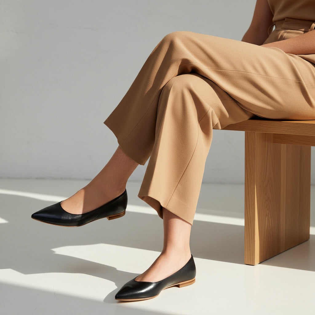 Person wearing beige pants and black flats sitting on a wooden stool.