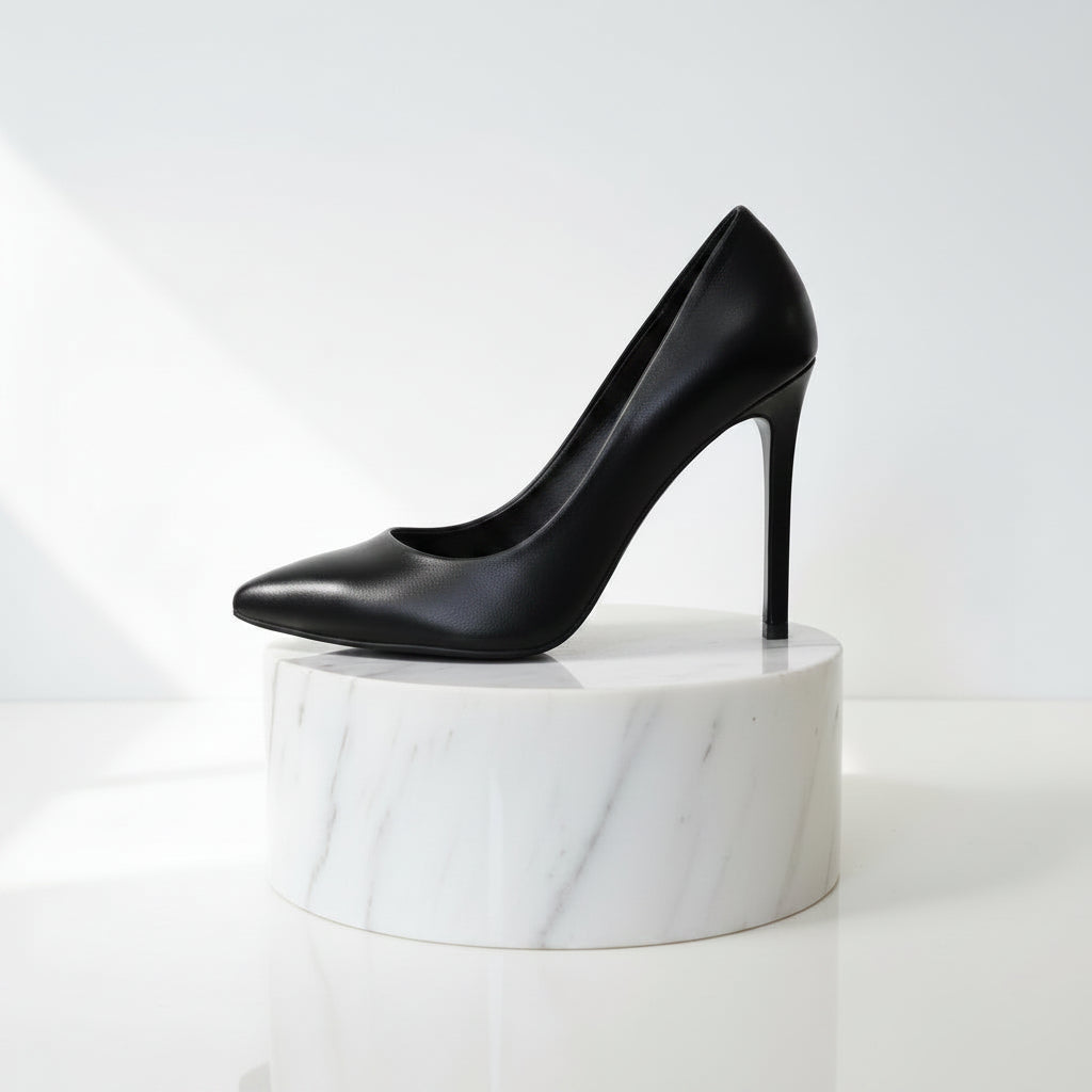 Black leather high-heeled shoe on a white marble stand against a white background