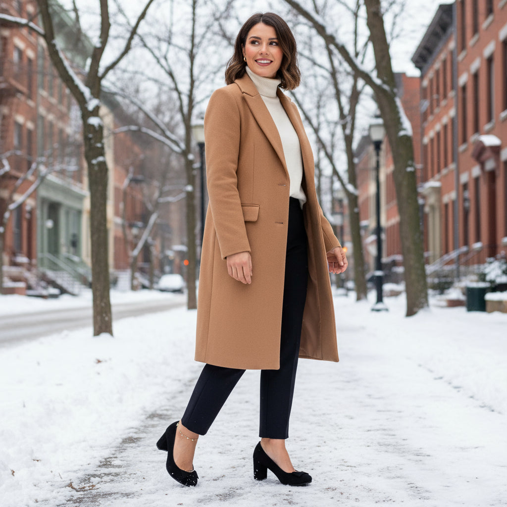 Black suede petite block heel shoes worn showing side profile with silver buckle detail and sturdy heel