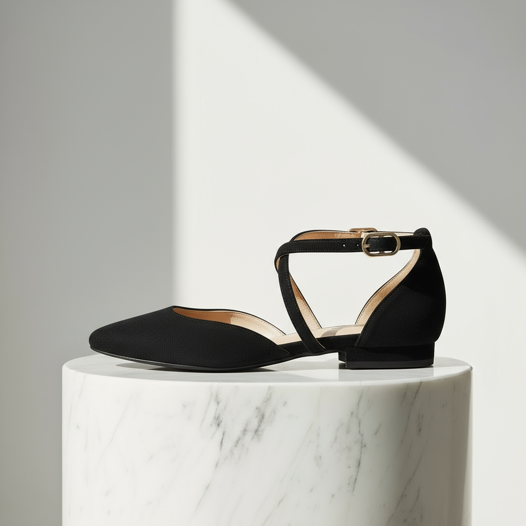 Black flat shoes with a thin strap on a marble pedestal against a gray background