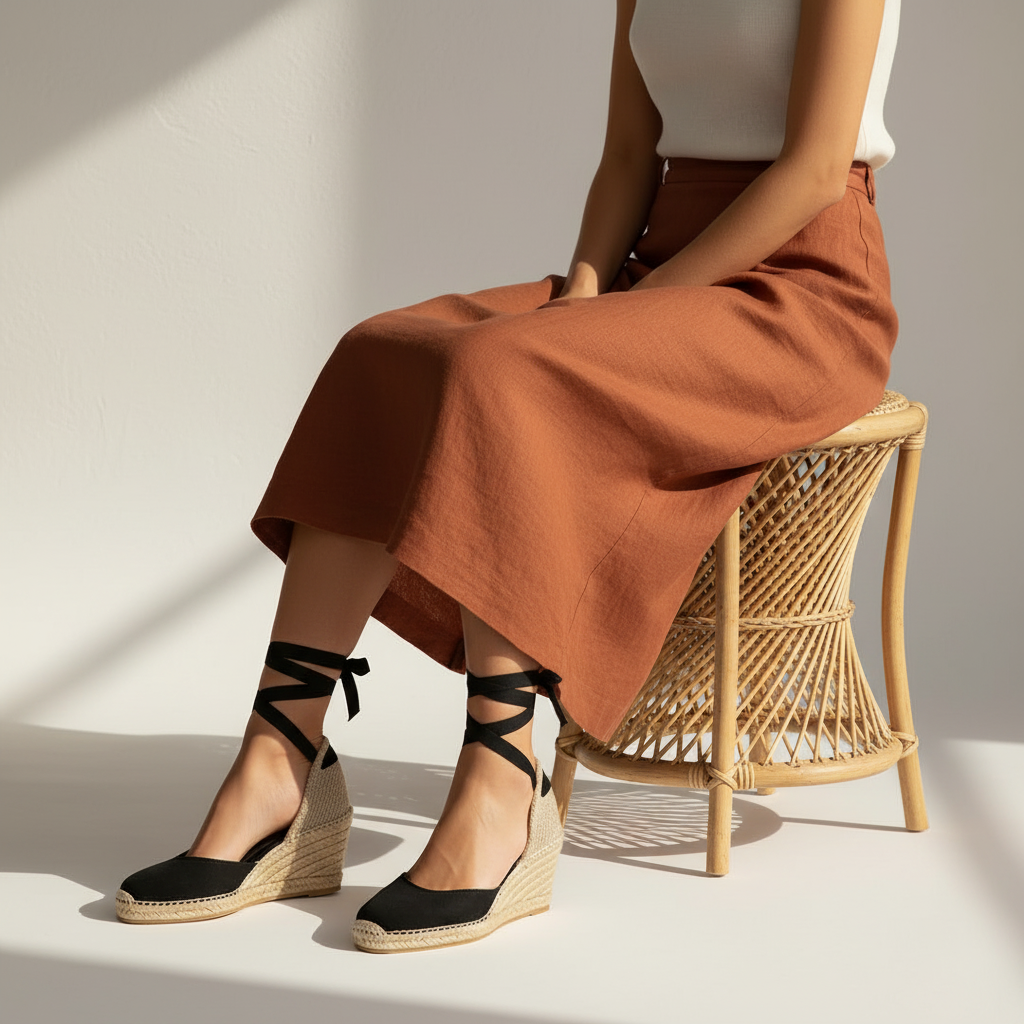 A person seated on a woven chair wearing a rust-orange midi skirt, white sleeveless top, and black wedge espadrilles with wraparound ankle straps in a bright studio setting.