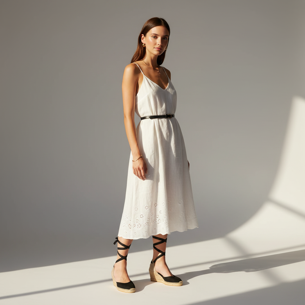 A woman models a white sleeveless midi dress with eyelet embroidery and a thin black belt, paired with black wedge sandals with crisscross straps, set against a minimalist gray studio background with soft diagonal shadows.