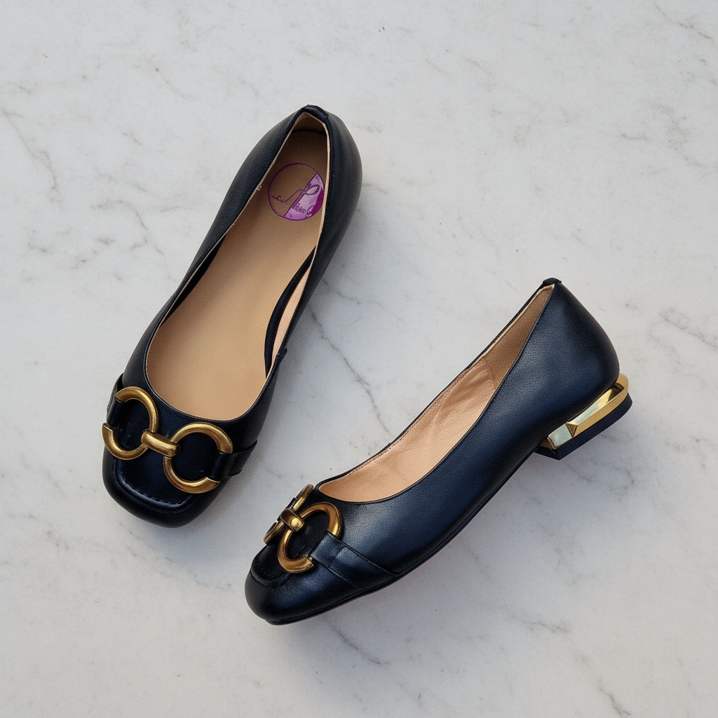 Black and gold leather petite ballerina pumps