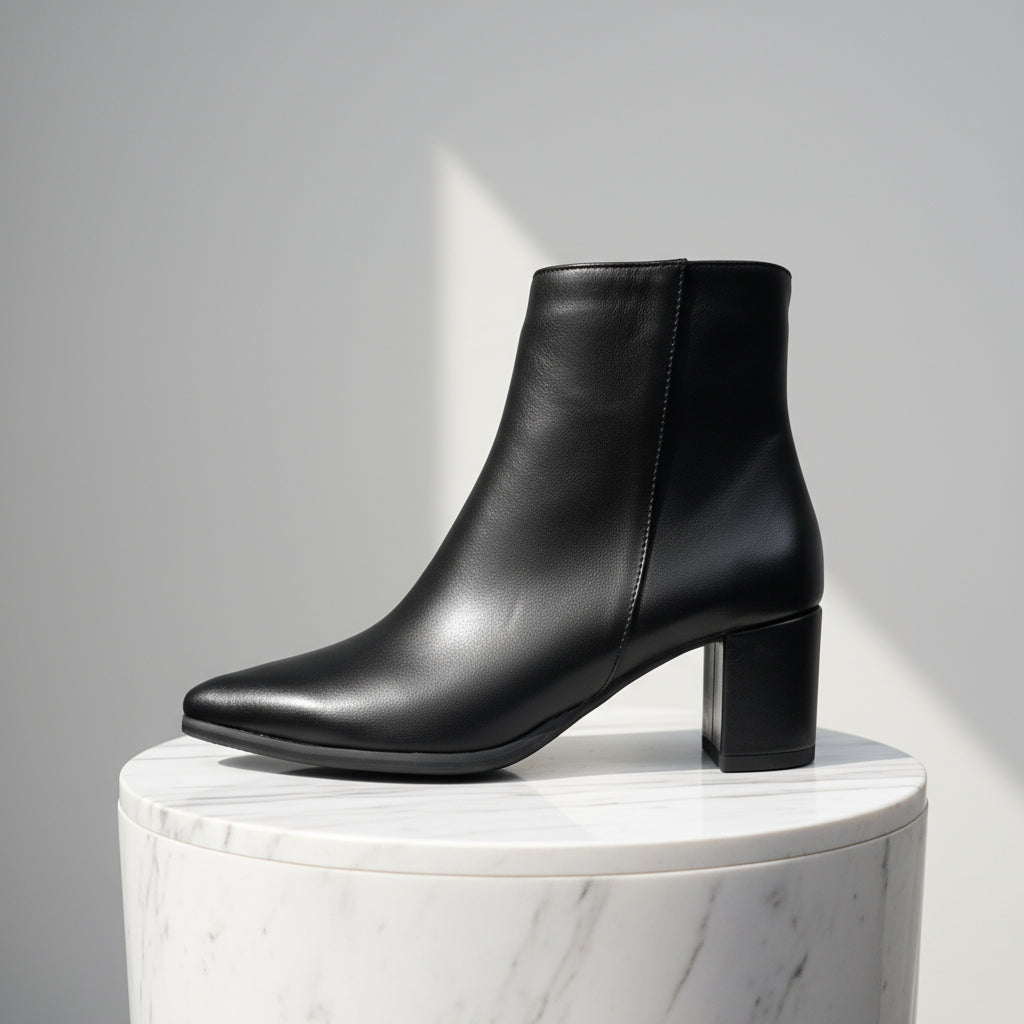 Black leather ankle boot with a block heel on a light gray background