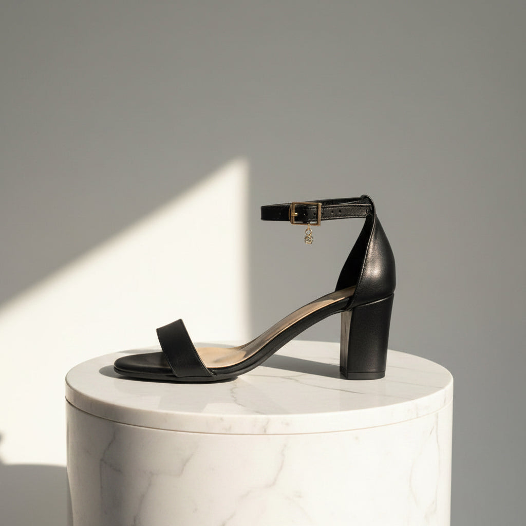 Black sandal on a white pedestal with a gray background