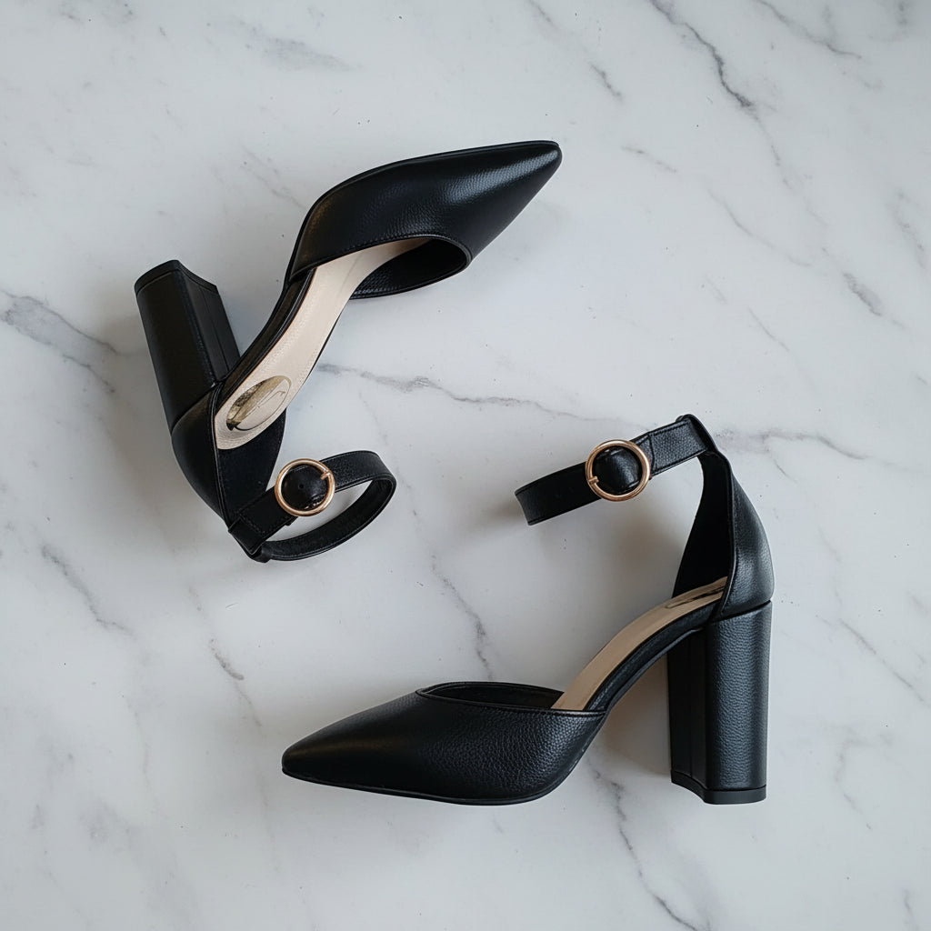 Black high-heeled shoes with ankle strap on a textured white surface