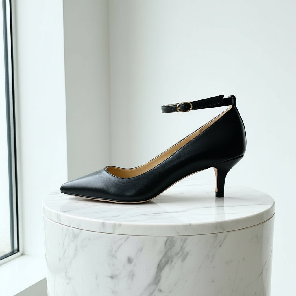 Beige high-heeled shoe on a marble surface with a light background