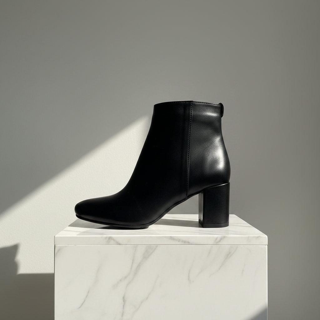 A single black leather ankle boot with a block heel and pointed toe, displayed on a white marble pedestal against a gray background with dramatic side lighting.