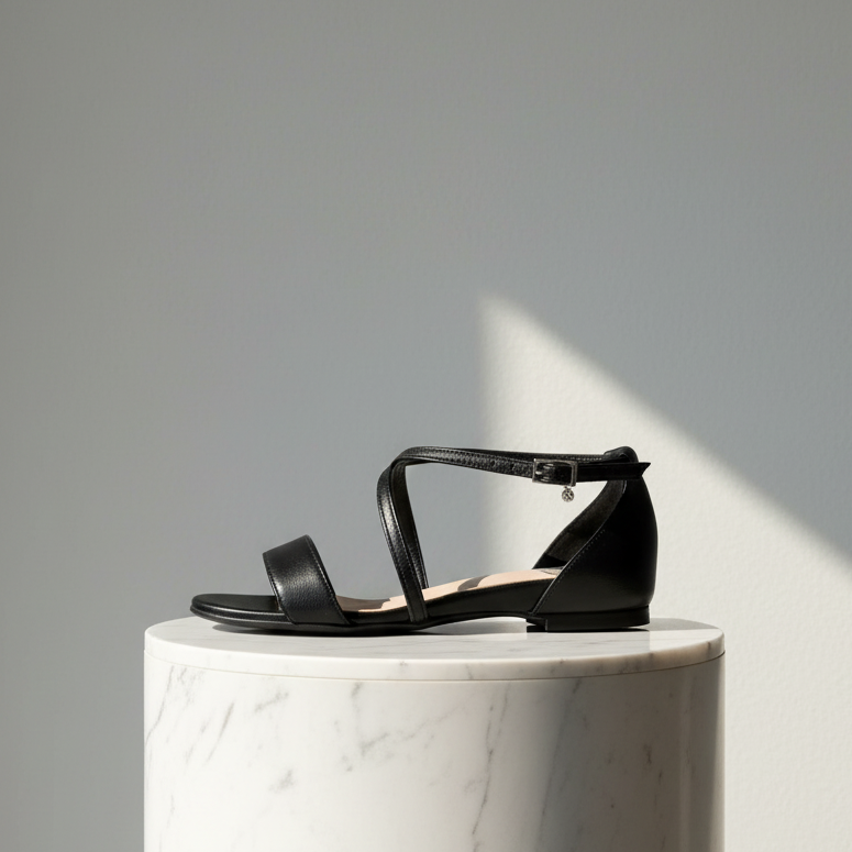 Black sandal on a white marble pedestal against a gray background