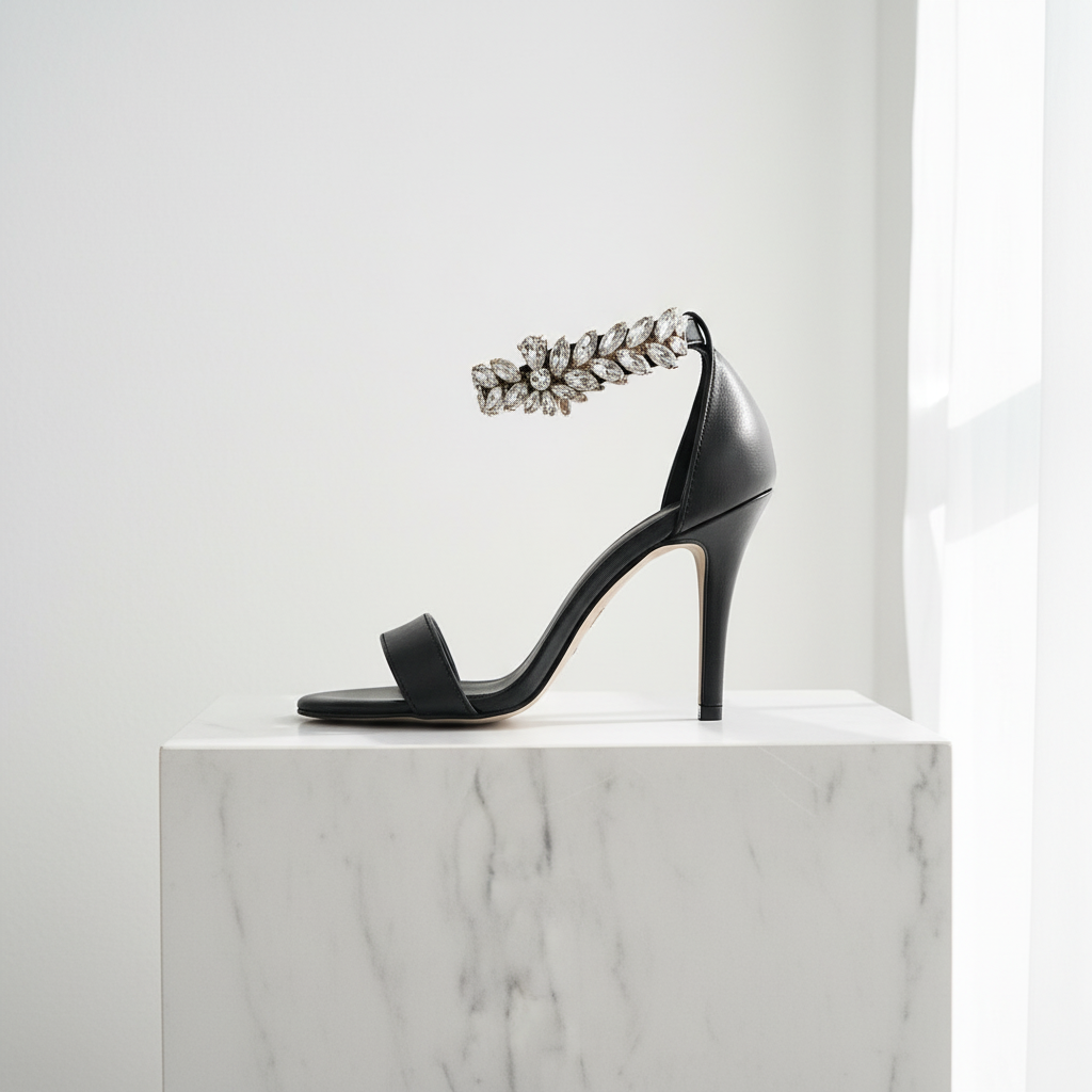 Black leather high-heeled shoe with embellishments on a marble pedestal against a white background.
