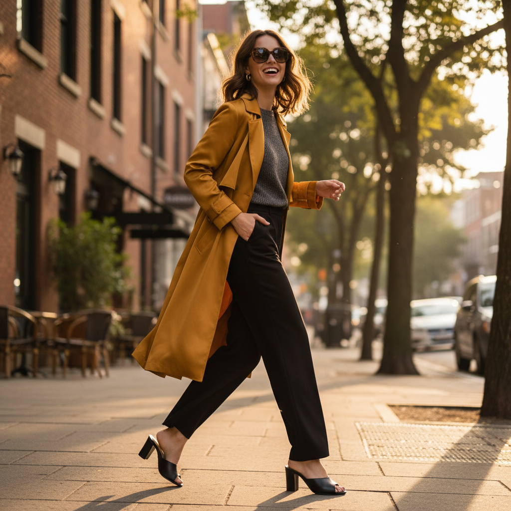 Model crossing the street wearing black high heels and matching trousers and a copper trench coat.