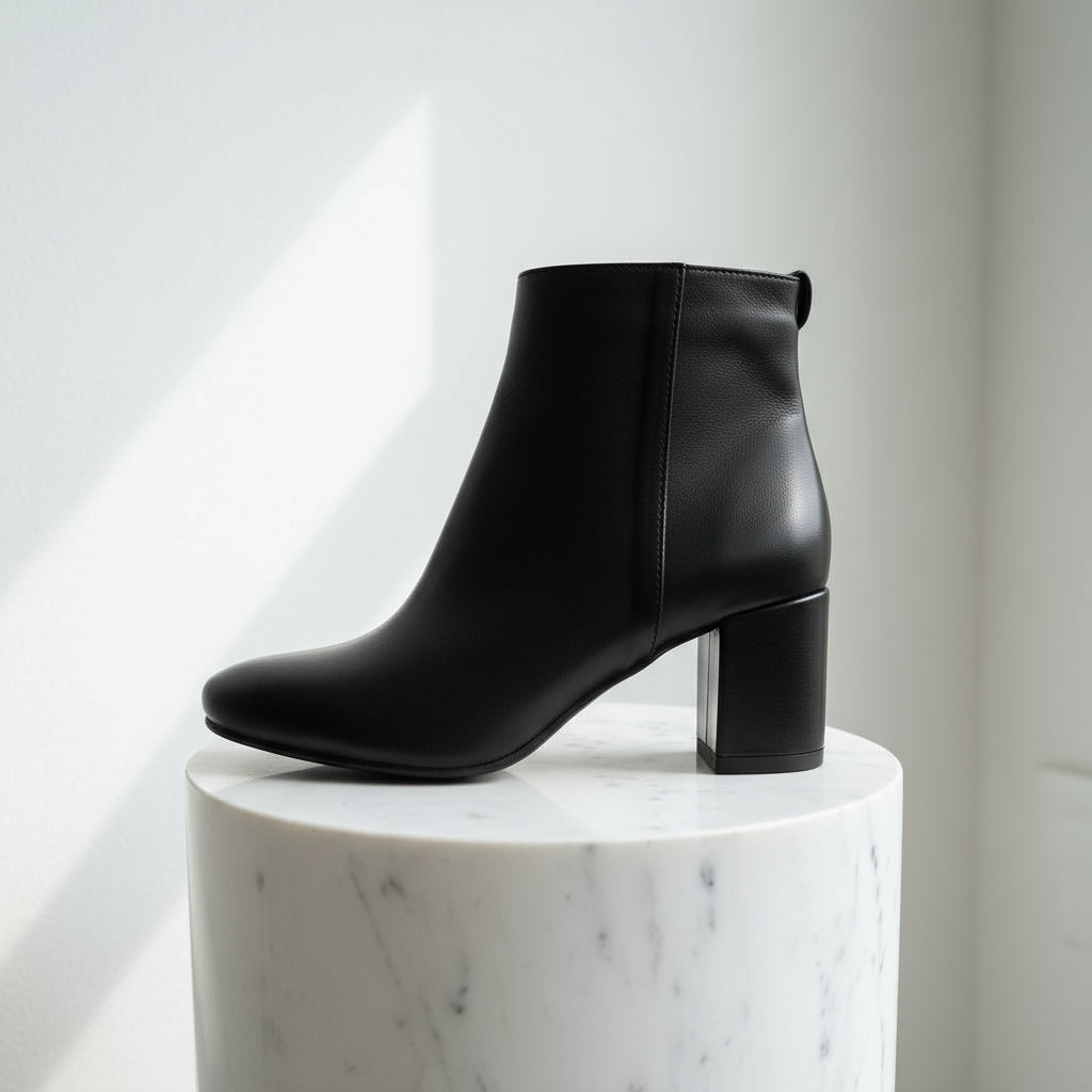 Black ankle boot on a white marble pedestal with a soft white background