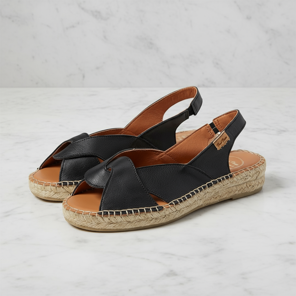 Black espadrille sandals with woven sole on a light gray background