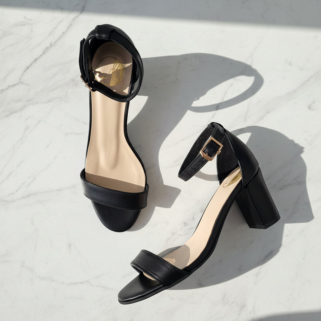 Black high-heeled sandals on a light surface