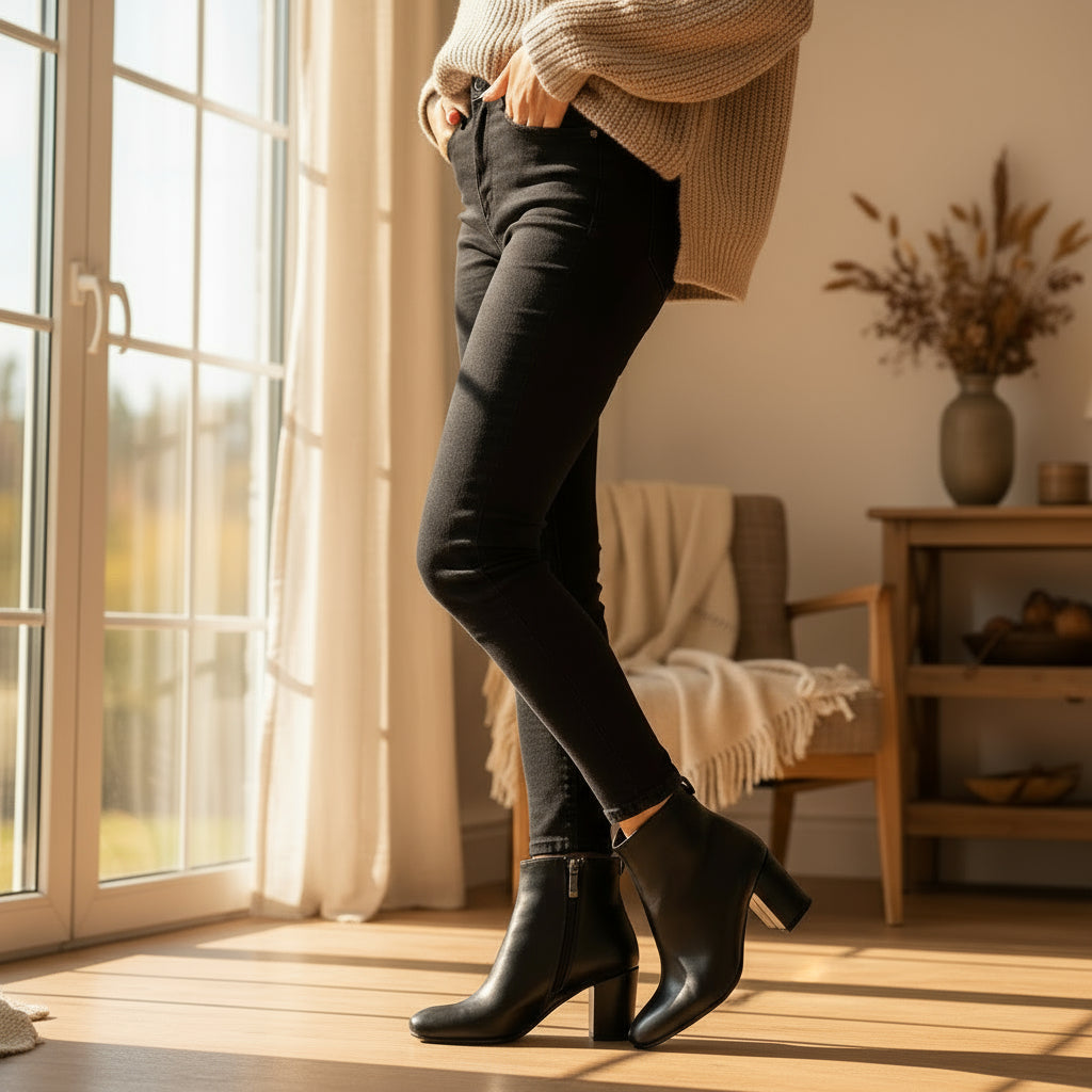 Pair of black leather ankle boots on a light background