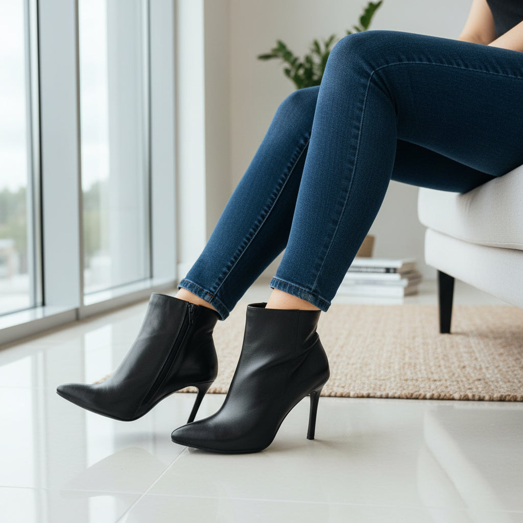 Person wearing black high-heeled boots and blue jeans sitting on a white chair.