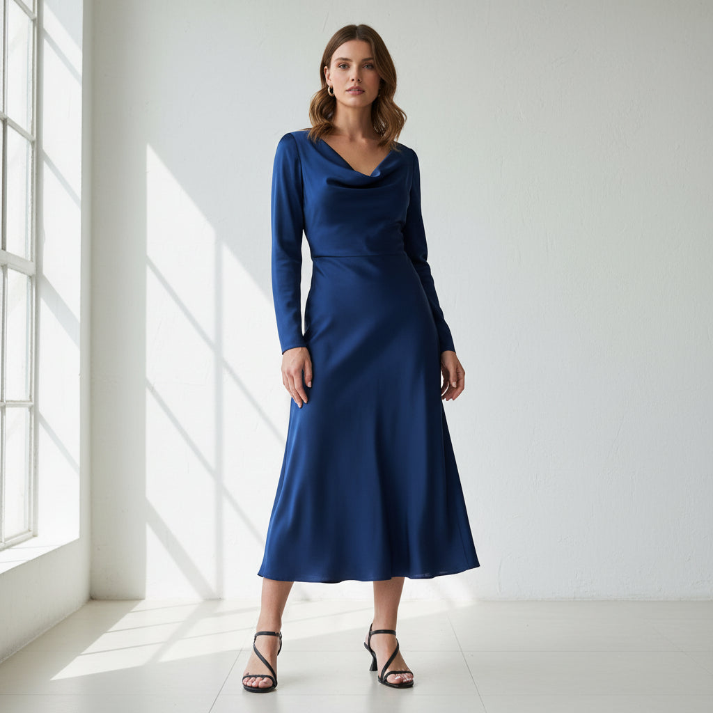 Woman wearing a blue dress standing in a bright room with large windows.