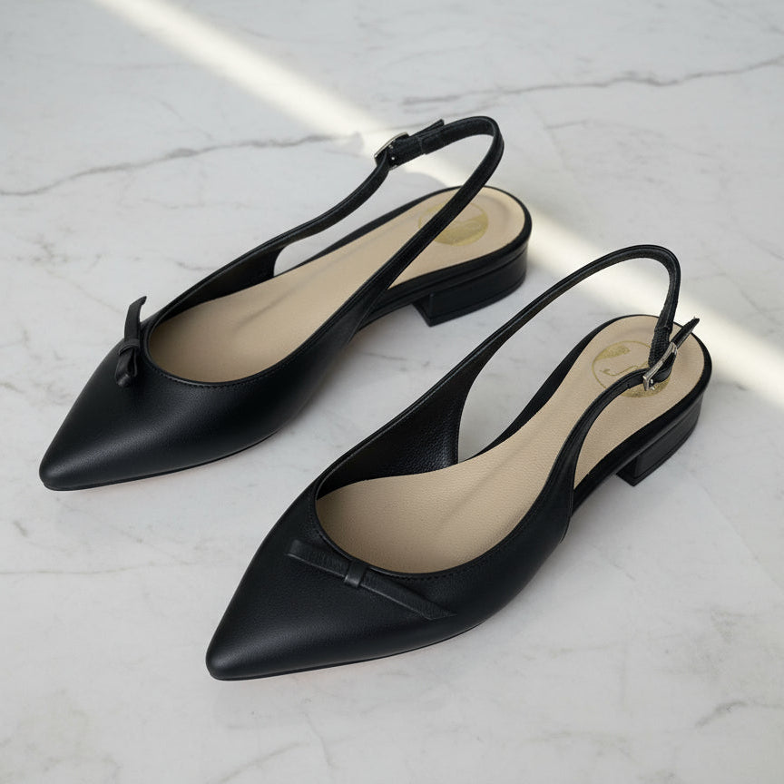 Petite pointed toe slingback ballerina shoes in black leather with a side bow