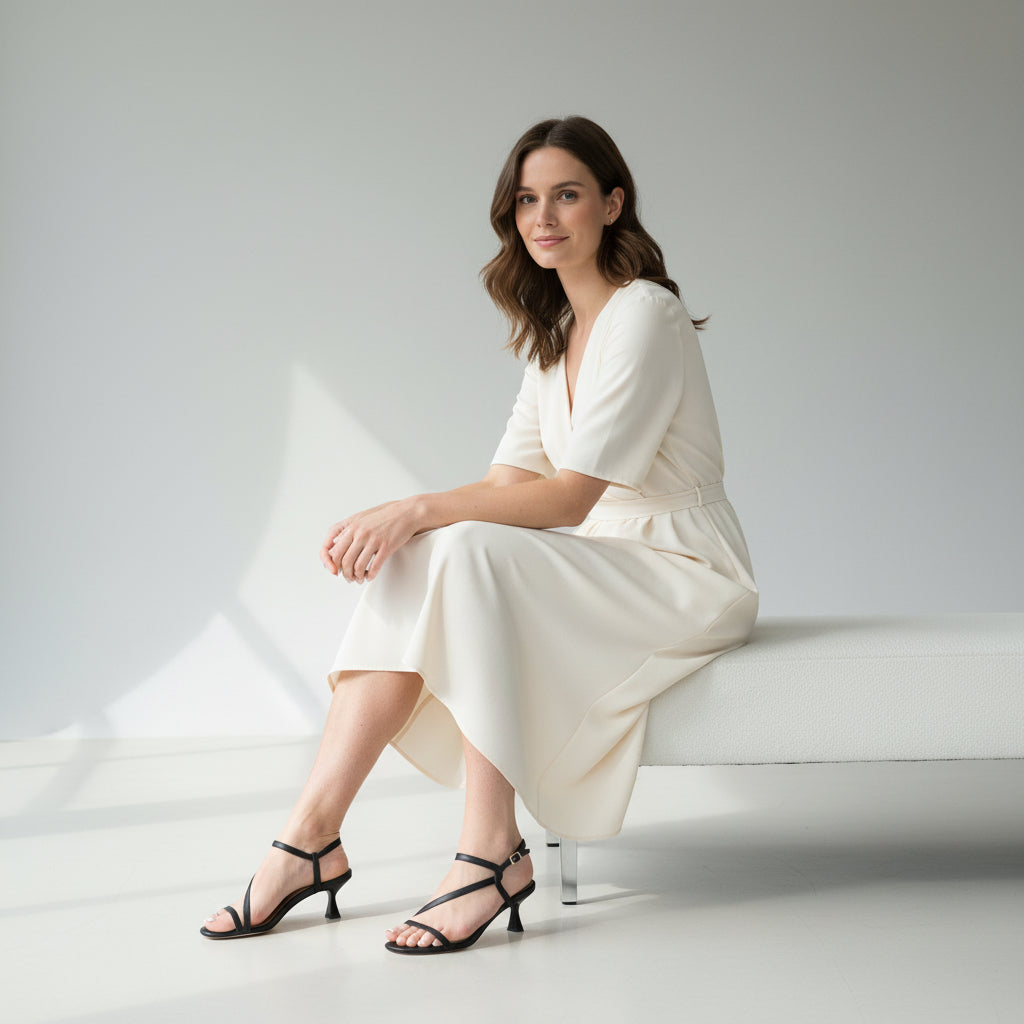 Woman in a cream dress sitting on a white couch in a modern room.