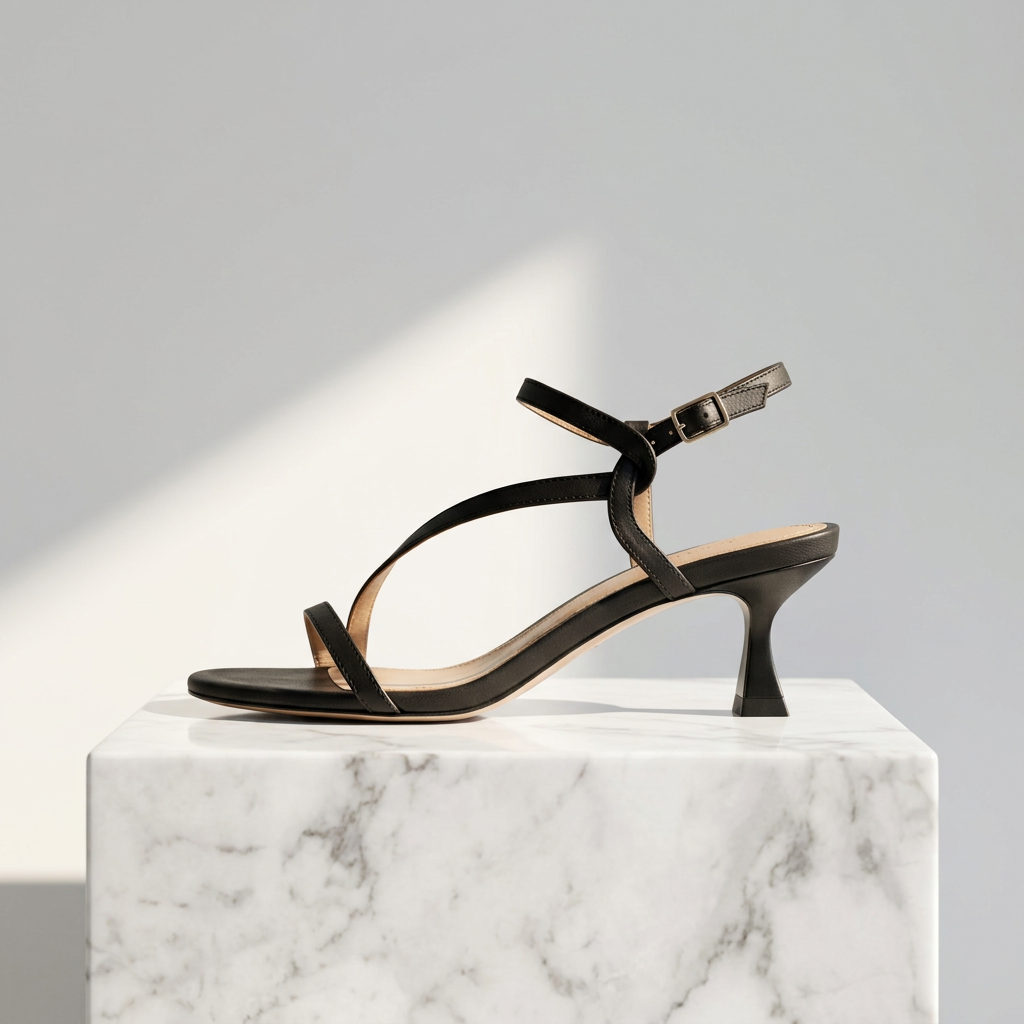 A single black strappy high-heel sandal with an ankle strap and block heel, displayed on a white marble pedestal against a light gray background with a diagonal shadow.