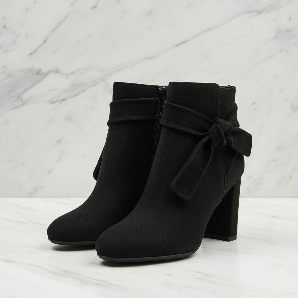 Purple ankle boots with a bow on a light gray background