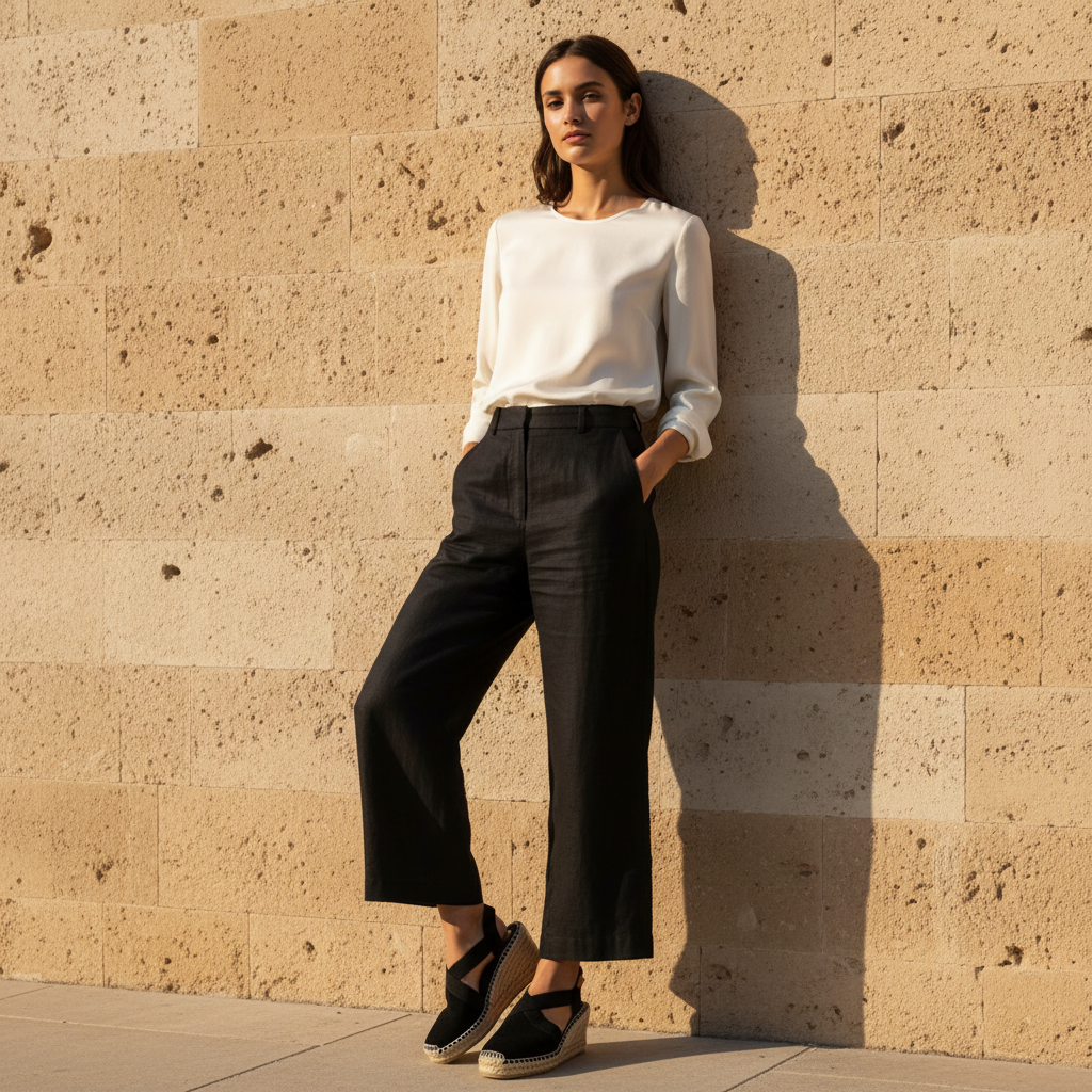A woman stands against a textured beige stone wall, wearing a white long-sleeve top, black cropped wide-leg trousers, and black espadrille wedge sandals.