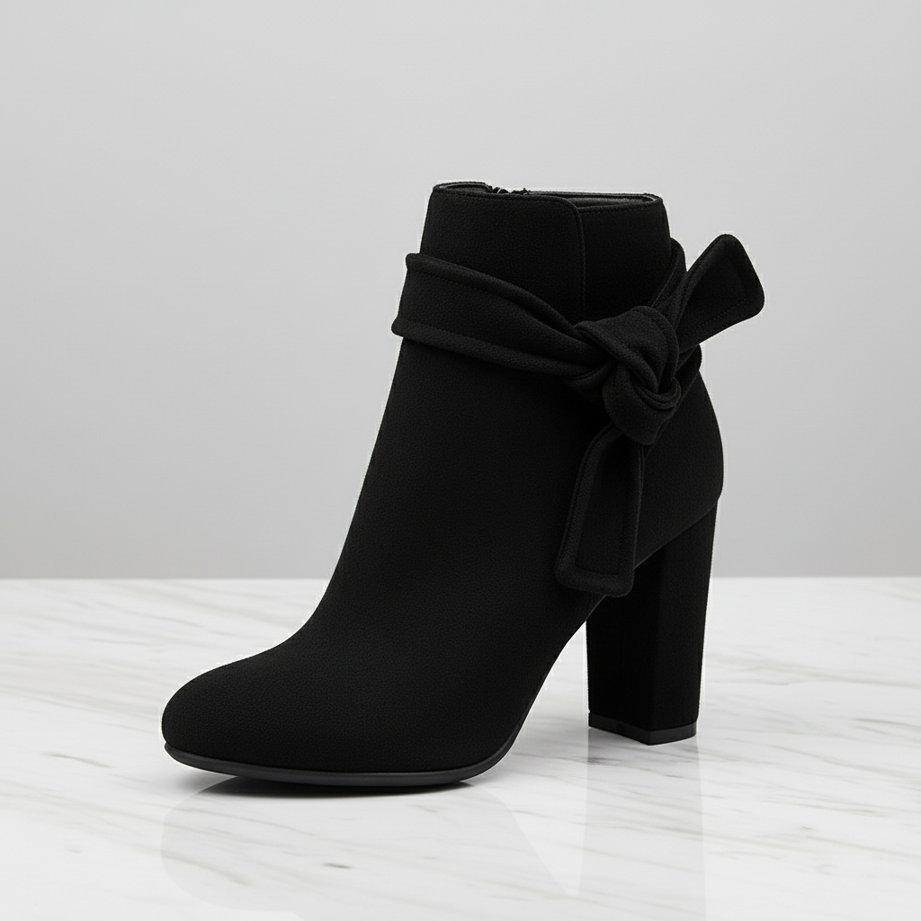 Black ankle boot with a bow on a white background