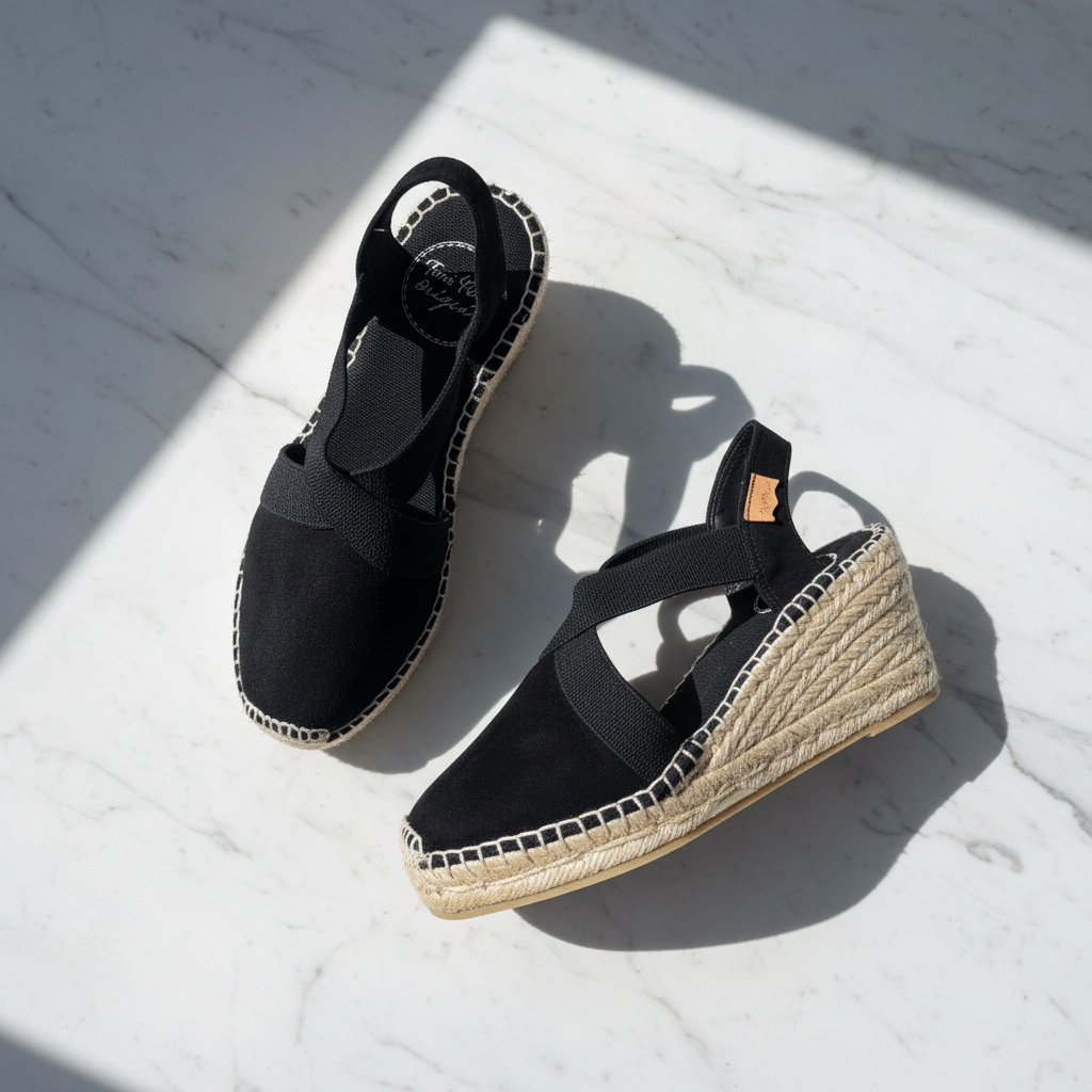 A pair of black wedge espadrille sandals with elastic straps and braided jute-wrapped wedge heels, photographed on a white marble surface with strong diagonal sunlight casting shadows.
