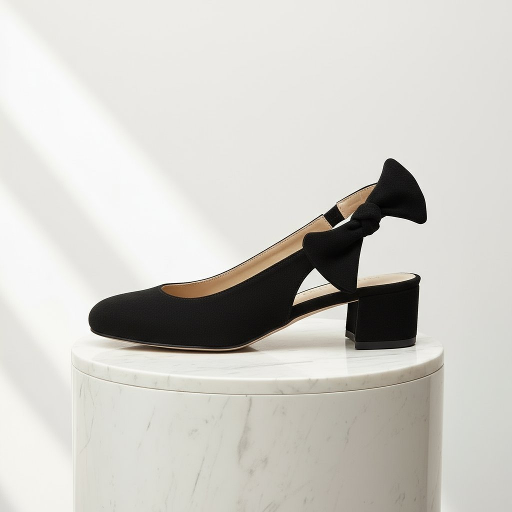 Black suede bow slingback shoe set on a marble stand.
