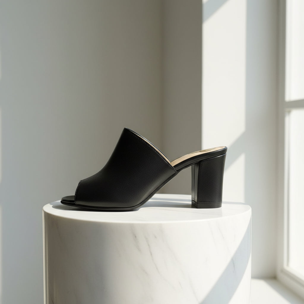 Black sandal on a white pedestal with a light background