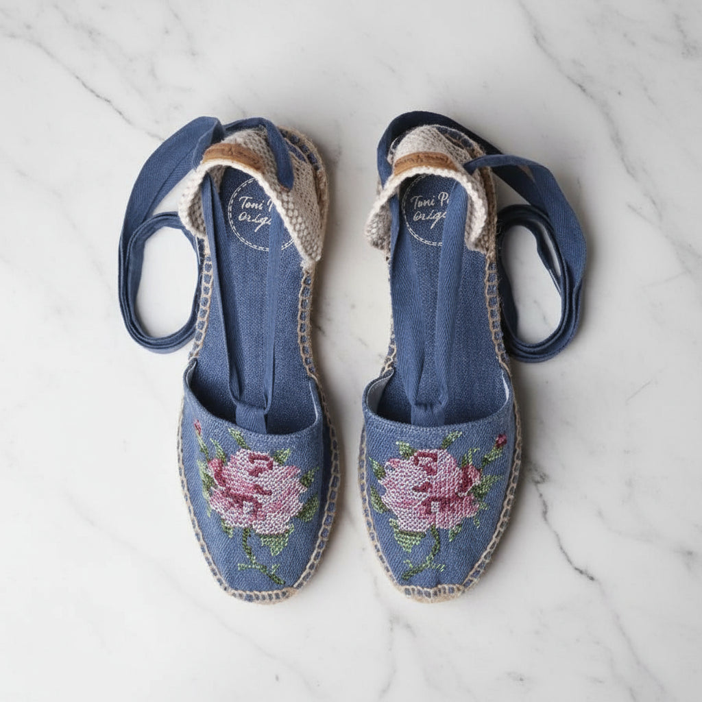 Blue VENICE espadrilles with rose embroidery and jute wedge heel, designed for petite sizes