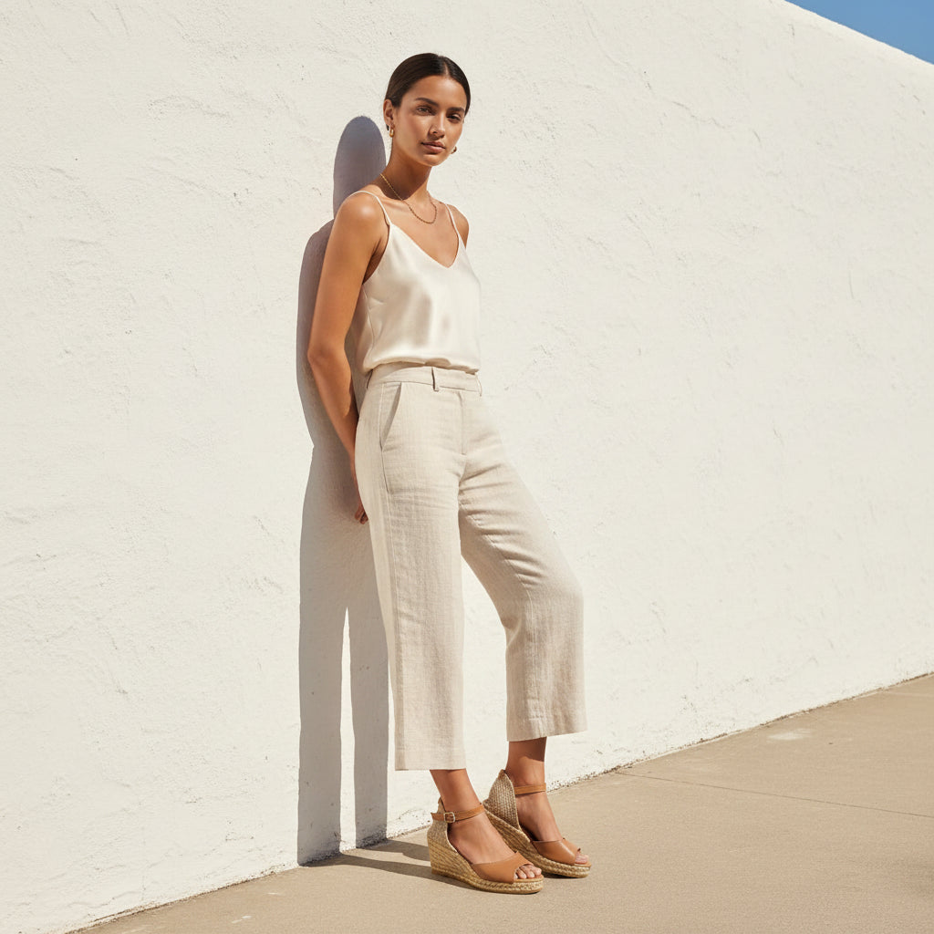 A woman stands against a white stucco wall wearing a sleeveless cream satin top and matching cream wide-leg cropped pants, paired with tan wedge sandals.
