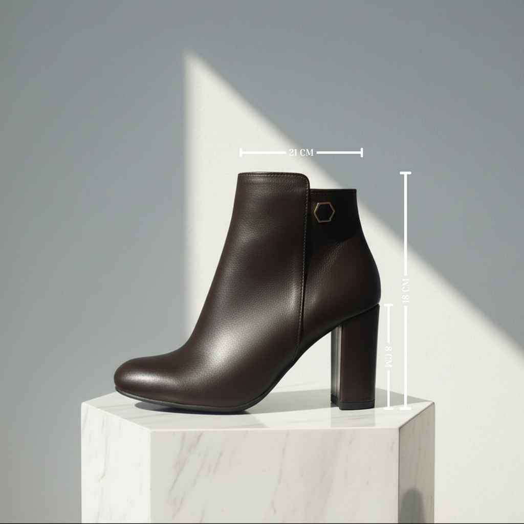 A dark brown leather ankle boot with a chunky block heel and a small gold hexagonal accent on the side, displayed on a white marble pedestal with dimension lines overlaid showing measurements.