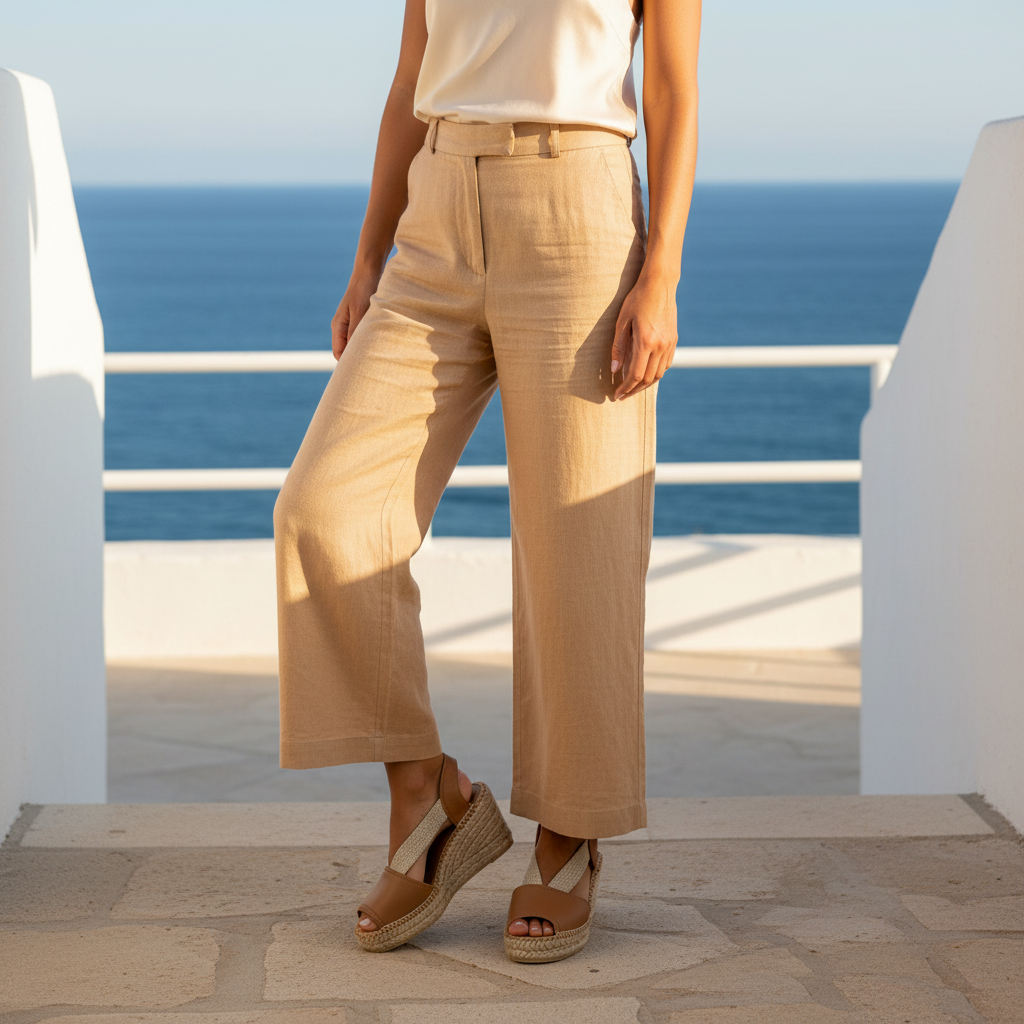 A person wearing beige wide-leg cropped trousers and brown espadrille wedge sandals, standing on a stone terrace with a blue ocean and white walls in the background.