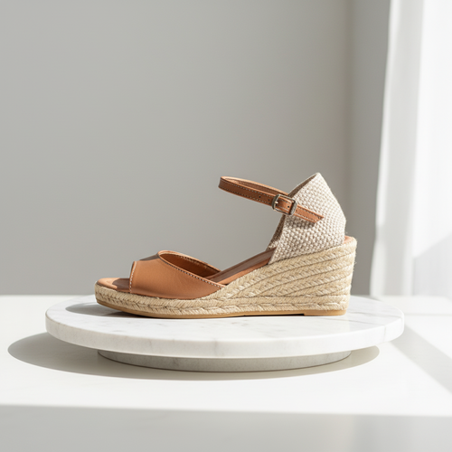 Brown wedge sandal with espadrille sole on a white platform against a light grey background