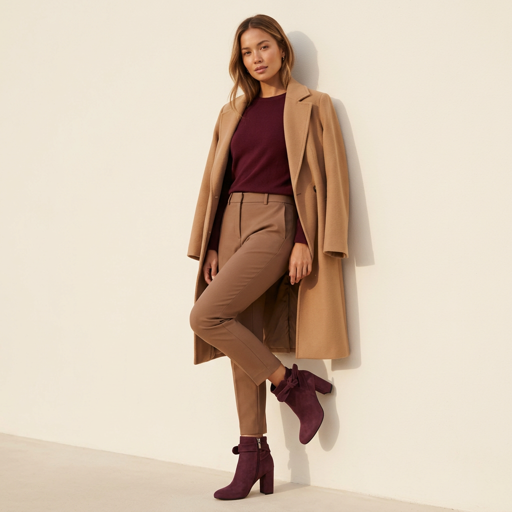 Petite woman modelling burgundy suede ankle boots with decorative bows and block heels, styled with tailored camel trousers and a matching coat.