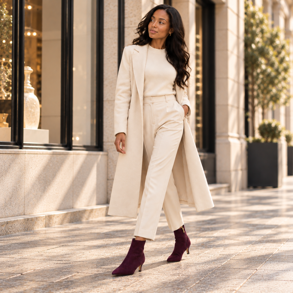 Petite woman wearing burgundy suede kitten heel ankle boots with ivory tailored trousers and a cream coat on an elegant city street.