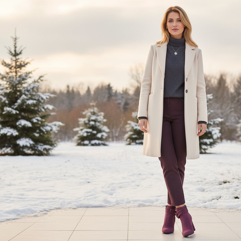 A woman wearing burgundy suede high heel boots