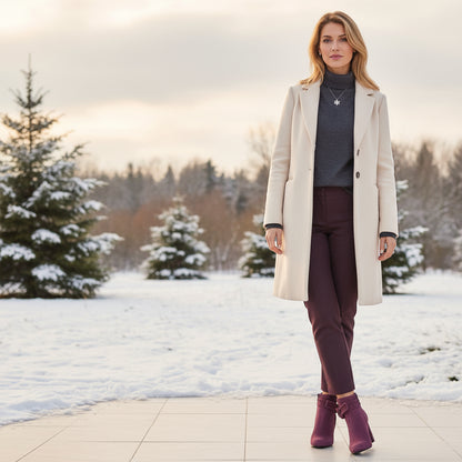 A woman wearing burgundy suede high heel boots