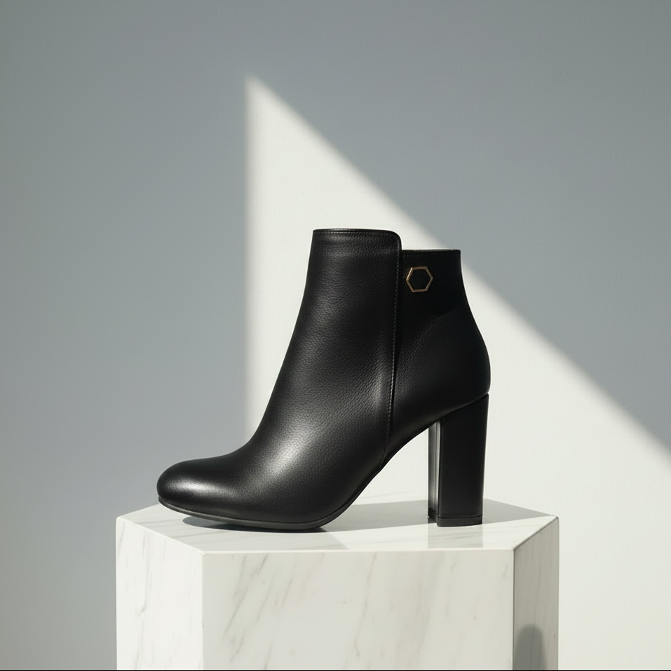 A single black leather ankle boot with a chunky block heel and a small gold hexagonal accent near the collar, displayed on a white marble pedestal against a gray background with dramatic diagonal shadows.