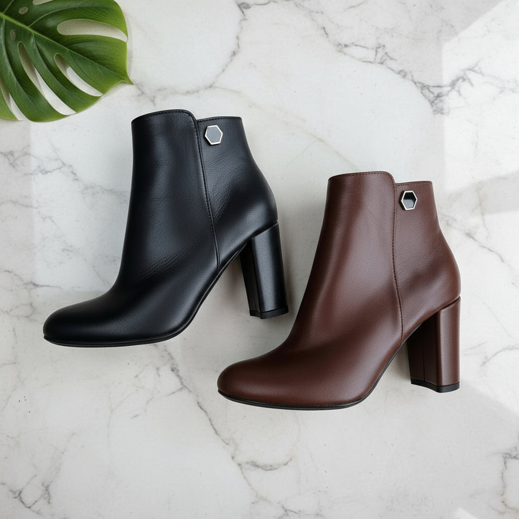 CELIA ankle boots in black and brown genuine leather, 8cm heel—petite-friendly.