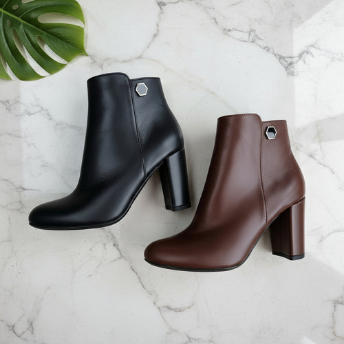 CELIA ankle boots in black and brown genuine leather, 8cm heel—petite-friendly.