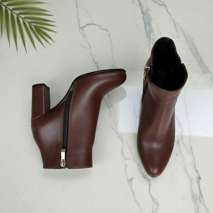 CELIA brown leather ankle boots with side zip, 8cm block heel for petite feet.